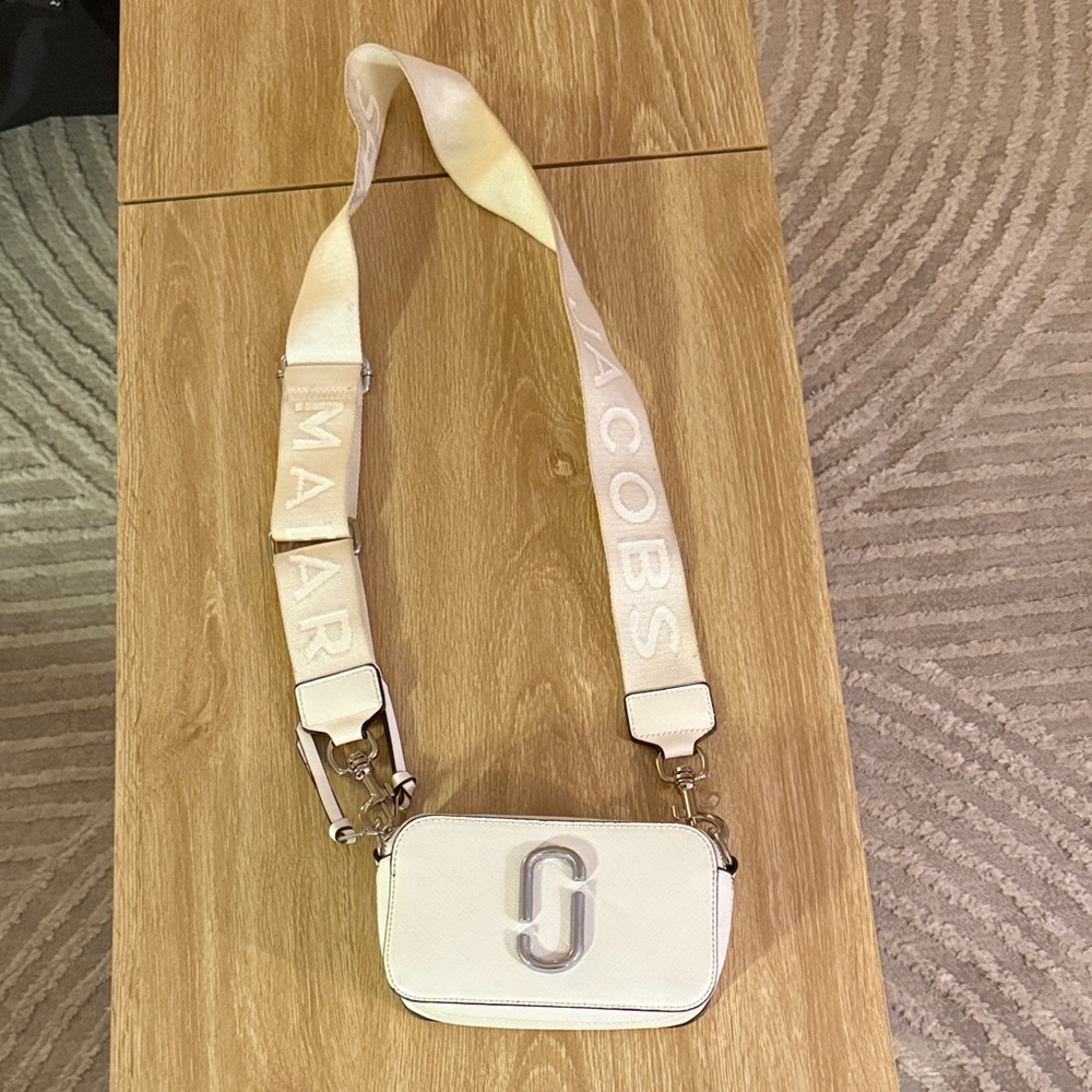 Marc Jacobs Cream Crossbody Camera Bag with Logo Strap and Silver Double-J